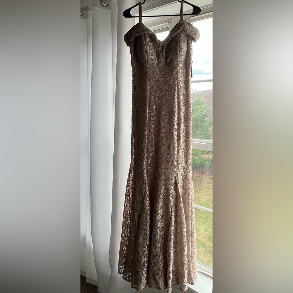 R & M Richards off the shoulder champagne, fishtail gown - Size 6